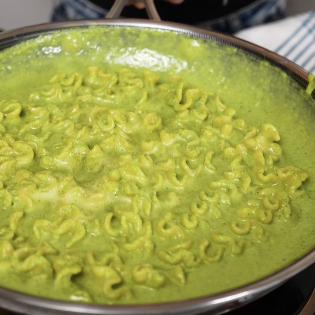 Pasta tossed with creamy cottage cheese pesto sauce