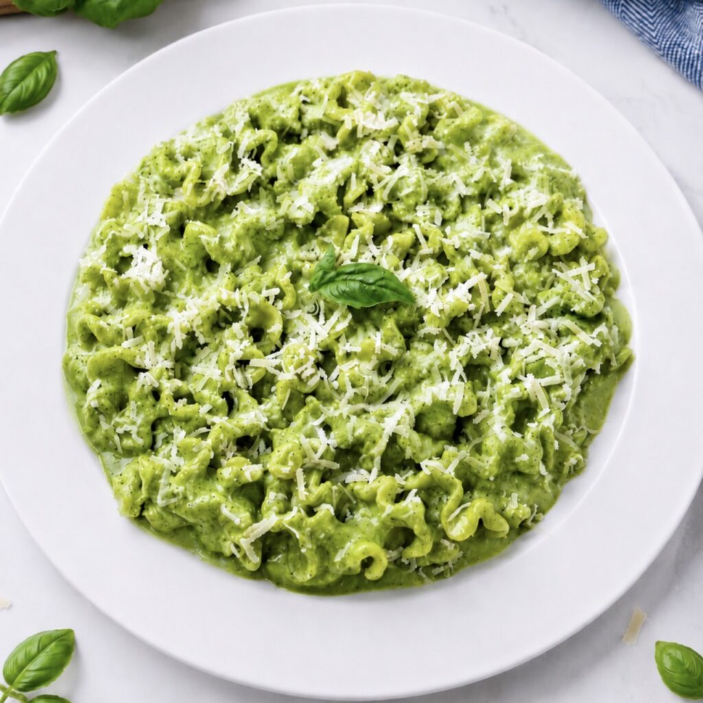Creamy cottage cheese pesto pasta served on a plate