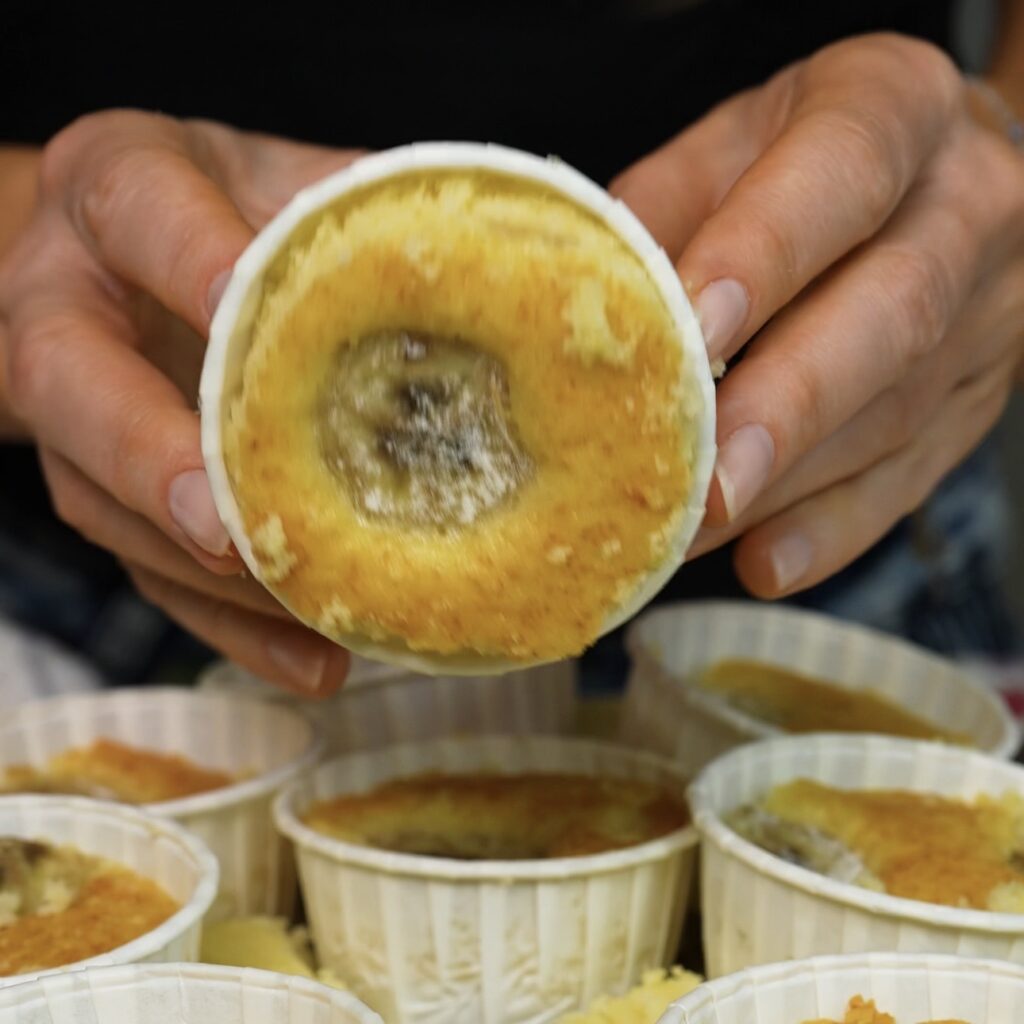 Cake sponge pressed into a small dish.