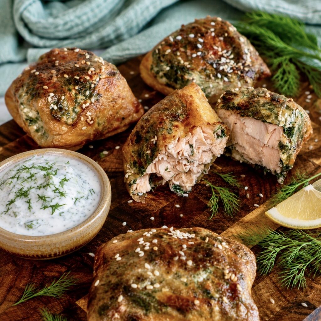 Rice paper salmon en croûte served on a wooden board.