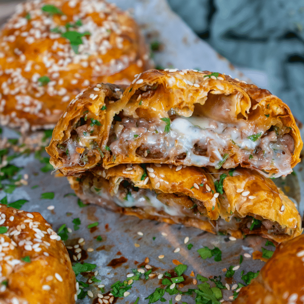 Cheesy beef filo swirls served on a wooden board.