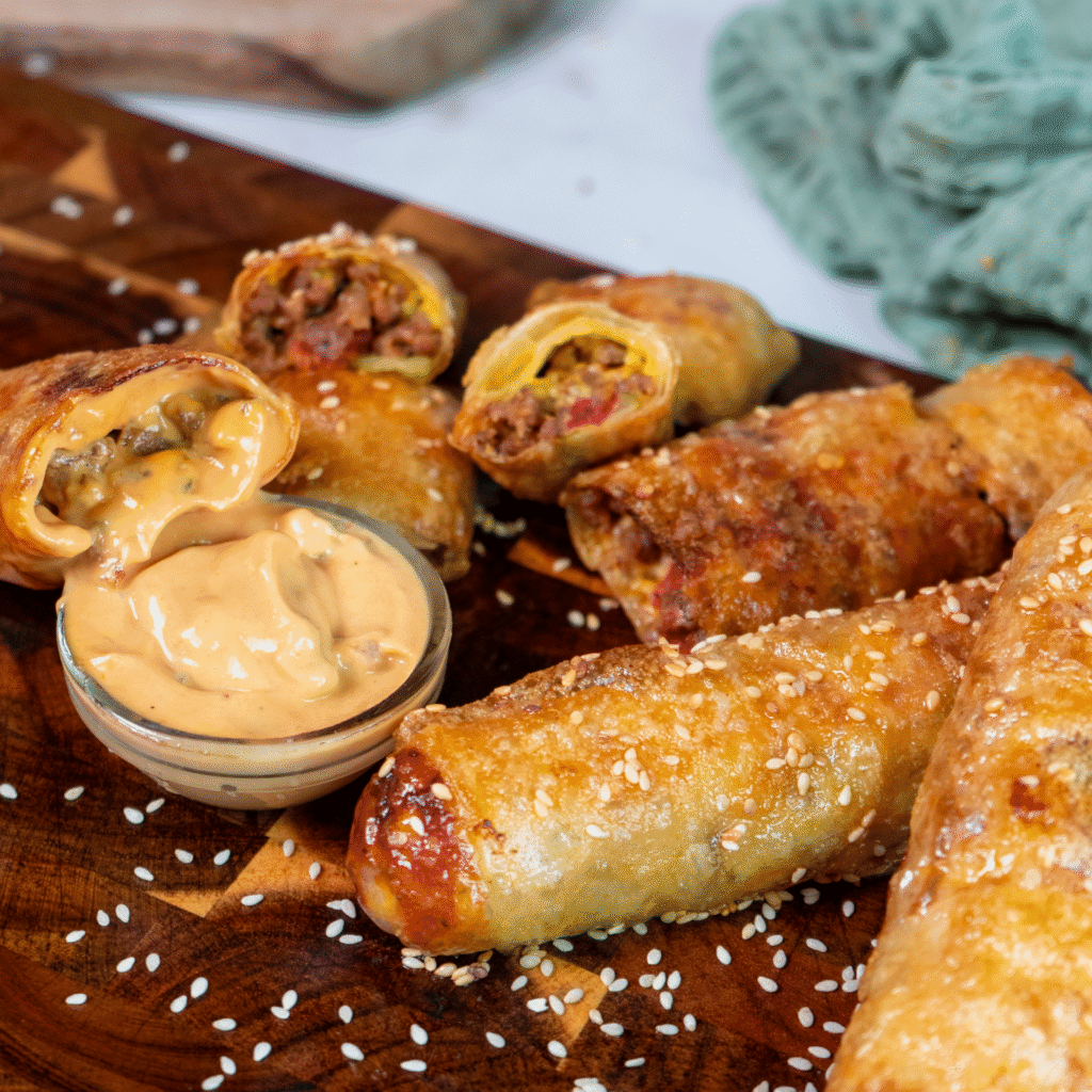 Rice paper cheeseburger rolls served on a wooden board with dipping sauce