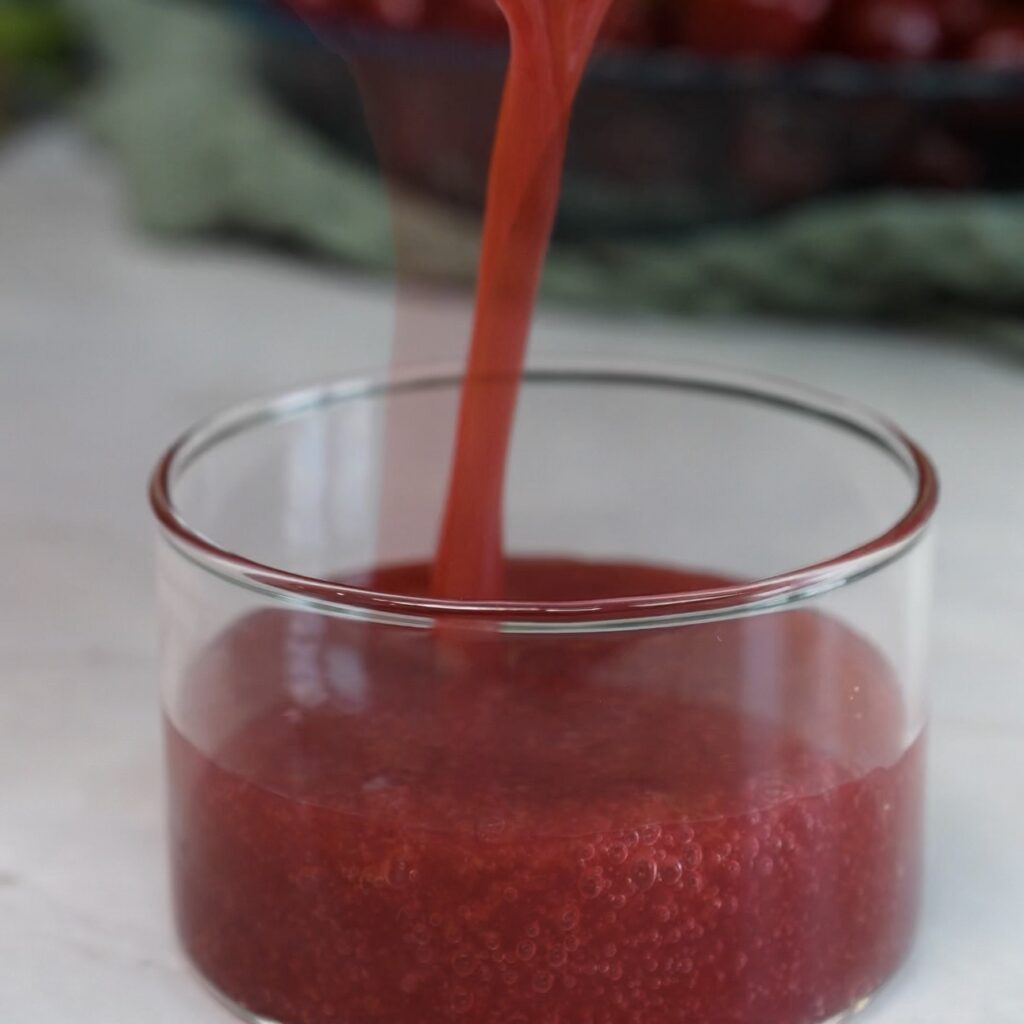 Pouring homemade cherry sauce into a small serving bowl.