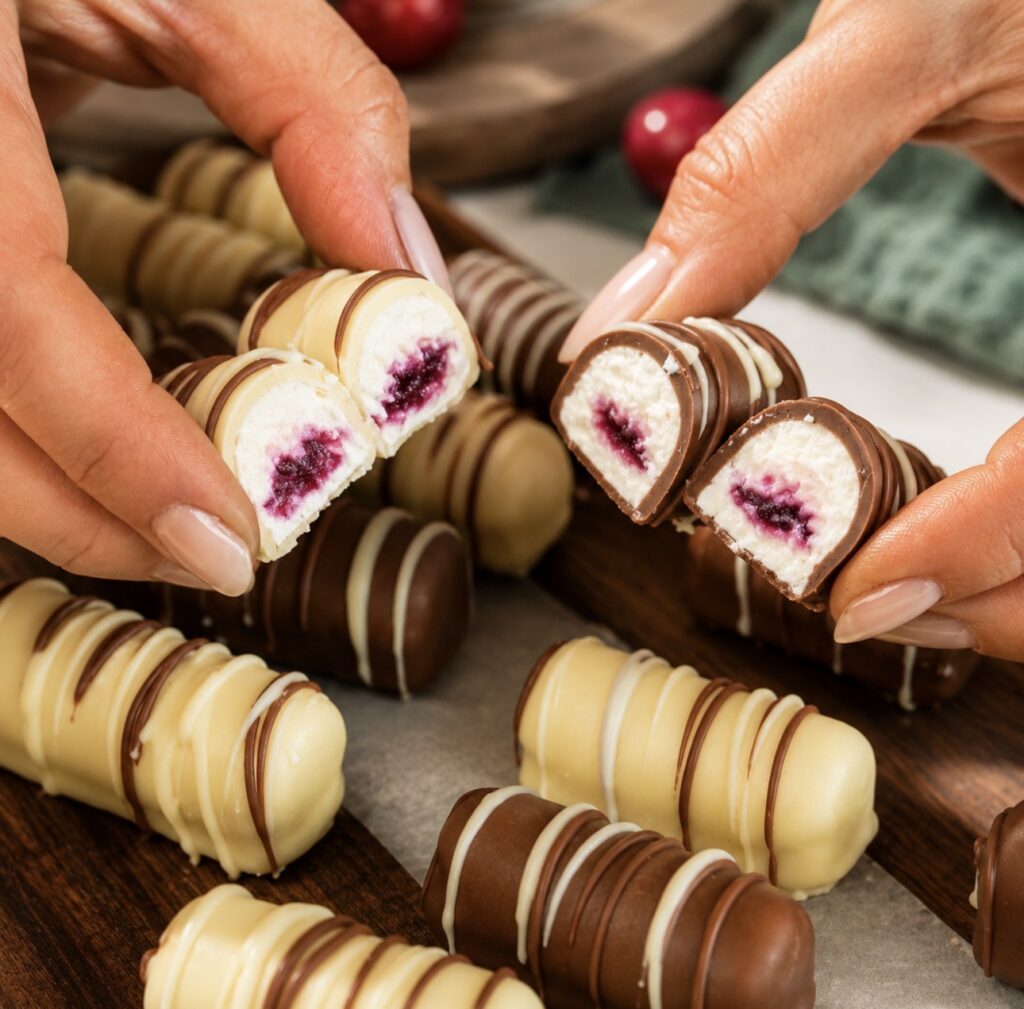 Cherry cottage cheese chocolate bars cut in half to show the creamy filling and cherry centre.