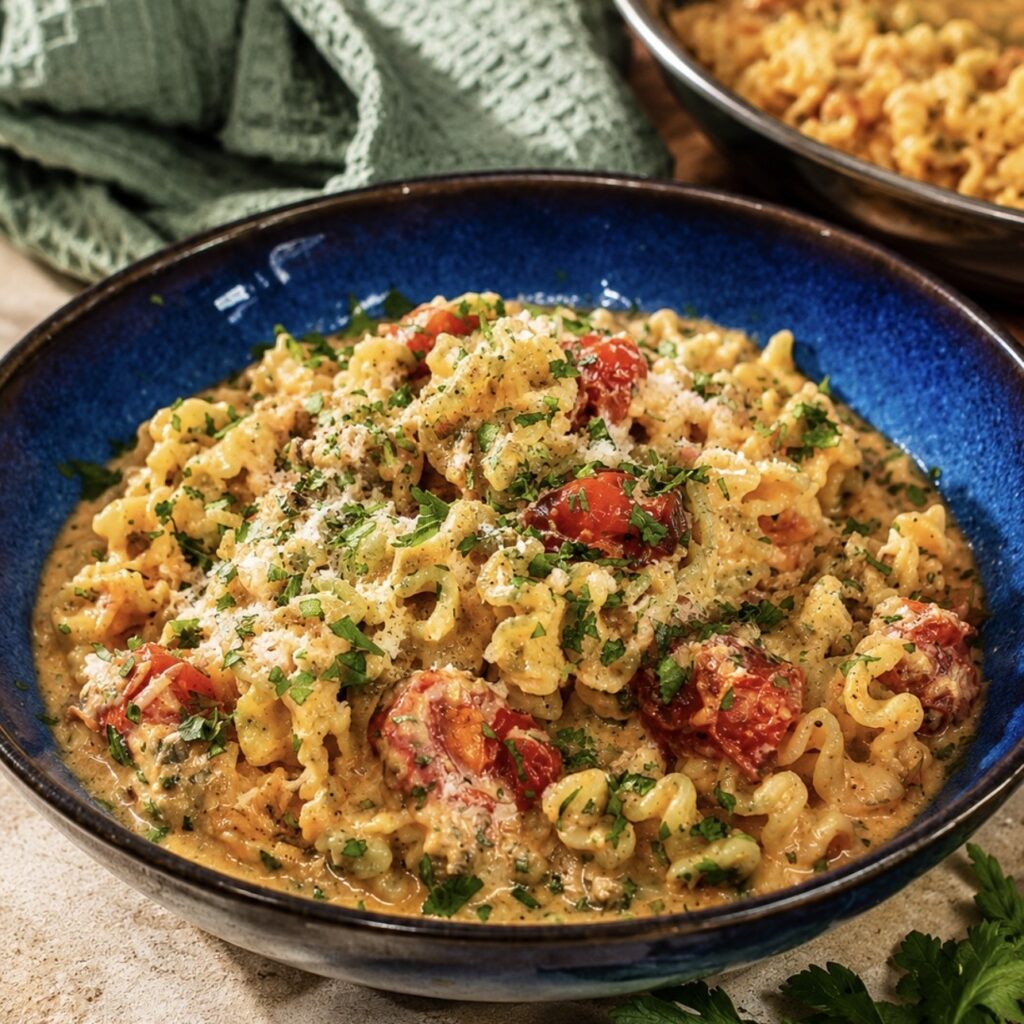 Roasted Tomato and Ricotta Pasta served on a plate with roasted cherry tomatoes, Parmesan and fresh parsley.