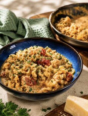 Roasted Tomato and Ricotta Pasta served on a plate with roasted cherry tomatoes, Parmesan and fresh parsley.