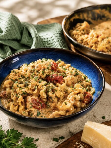 Roasted Tomato and Ricotta Pasta served on a plate with roasted cherry tomatoes, Parmesan and fresh parsley.