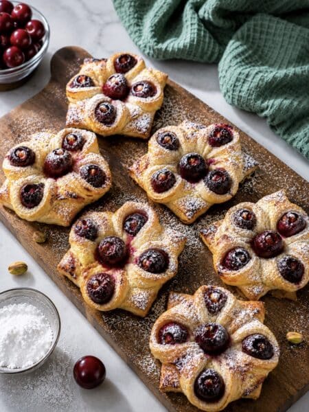 Cherry and Pistachio Yogurt Puffs served on a wooden board.