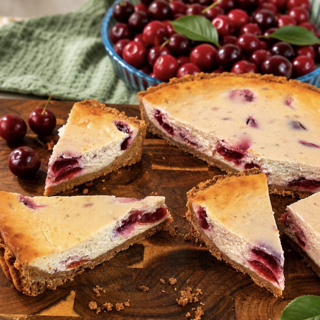 Cherry Cheesecake cut into slices on a wooden board