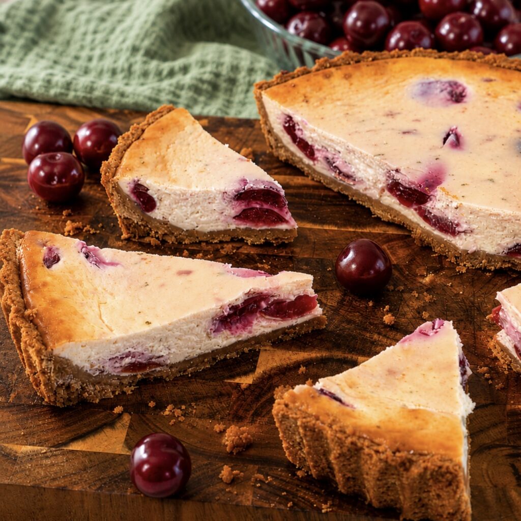 Cherry Cheesecake cut into slices on a wooden board