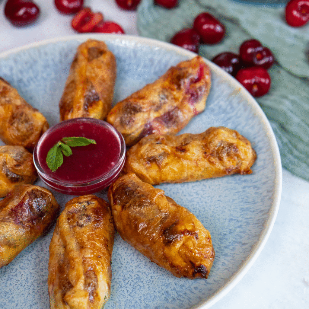 Cherry Ricotta Rice Paper Dumplings served on a plate with cherry sauce.