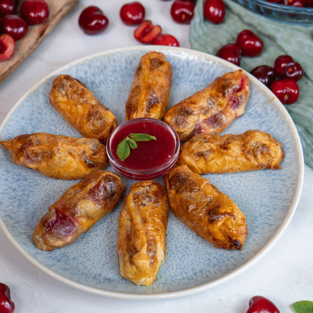 Cherry Ricotta Rice Paper Dumplings served on a plate with cherry sauce.