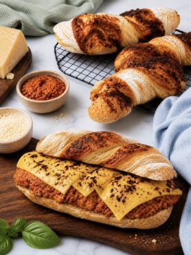 Pesto and Parmesan twisted baguettes served on a wooden board with an assembled beef ragù and cheese sandwich in front.