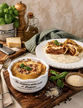 Baked Caccavelle pasta in a baking dish with another stuffed shell sliced in half and served on a plate.
