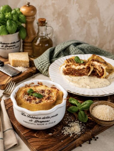 Baked Caccavelle pasta in a baking dish with another stuffed shell sliced in half and served on a plate.