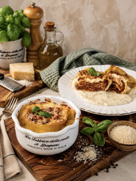 Baked Caccavelle pasta in a baking dish with another stuffed shell sliced in half and served on a plate.