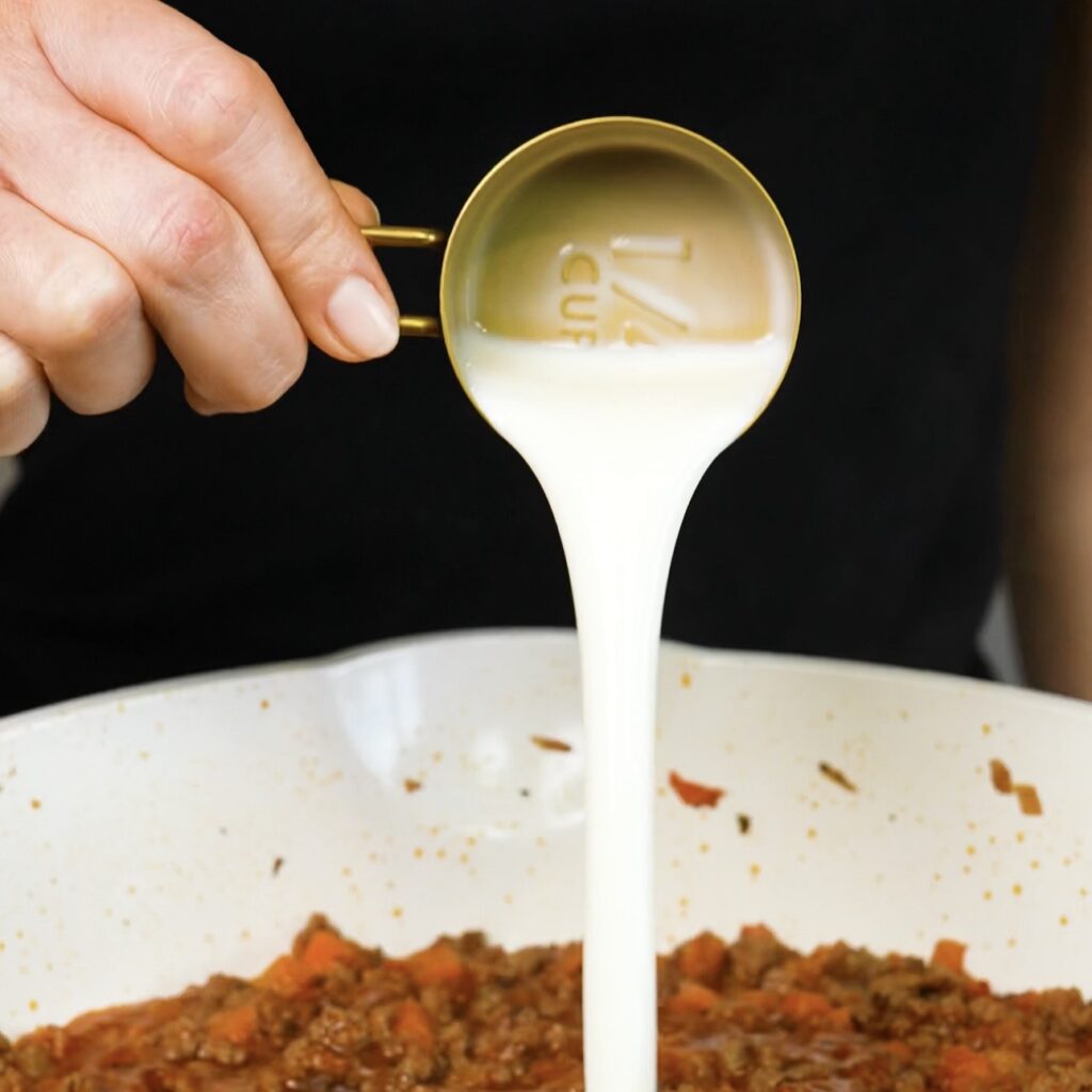 Milk being poured into the slow-cooked beef ragù in a large pan.