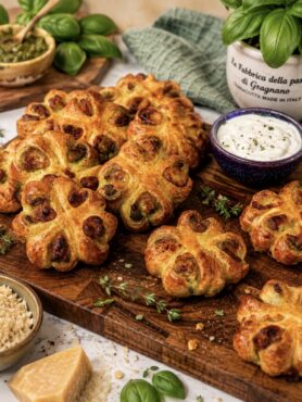 Pesto Mozzarella Puffs served on a wooden board with a garlic yogurt sauce