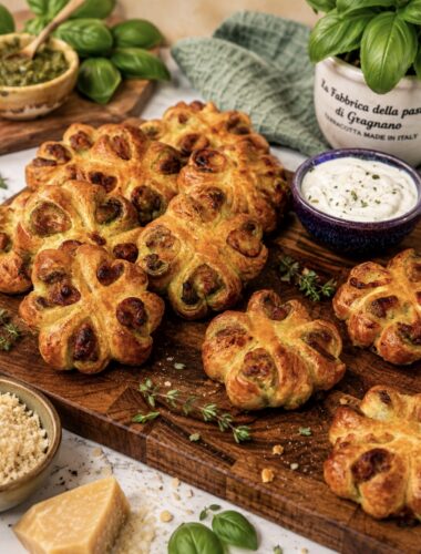 Pesto Mozzarella Puffs served on a wooden board with a garlic yogurt sauce