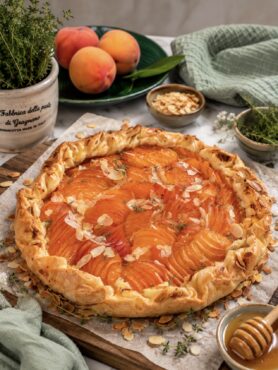Freshly baked Cottage Cheese Apricot Galette with golden filo pastry, flaked almonds and a juicy apricot filling