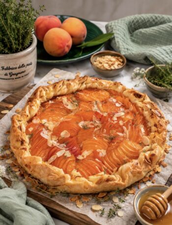 Freshly baked Cottage Cheese Apricot Galette with golden filo pastry, flaked almonds and a juicy apricot filling
