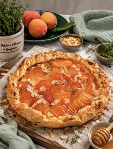 Freshly baked Cottage Cheese Apricot Galette with golden filo pastry, flaked almonds and a juicy apricot filling