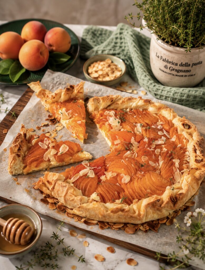 Freshly baked Cottage Cheese Apricot Galette sliced and ready to serve, with golden filo pastry, creamy filling and juicy apricots