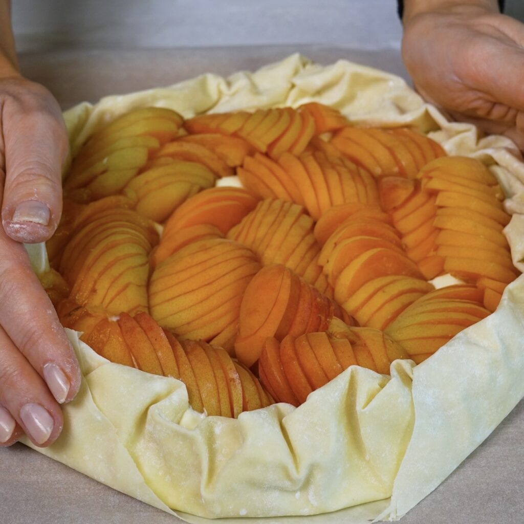 Cottage Cheese Apricot Galette with the filo pastry edges folded around the apricot filling