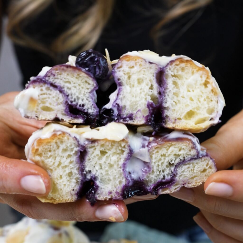 Hands holding a blueberry roll sliced in half to reveal the filling