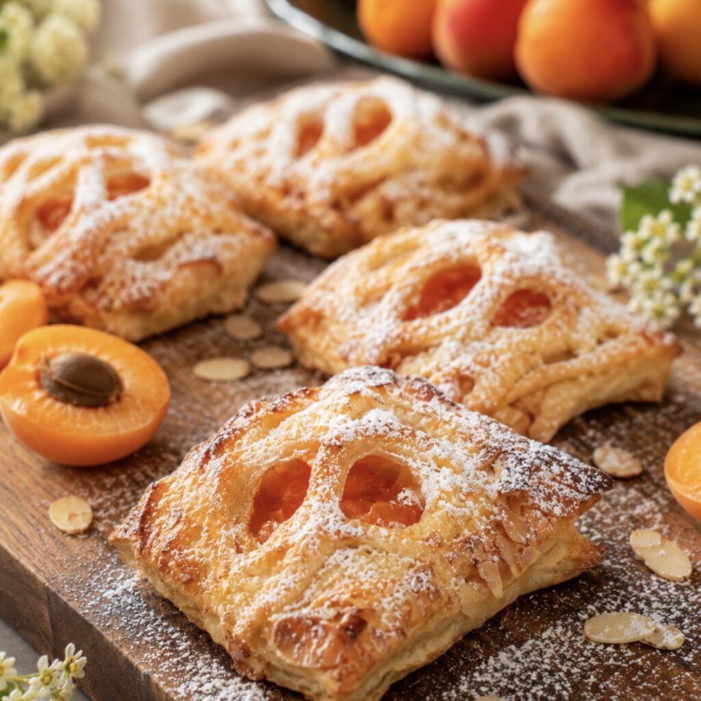Apricot Mascarpone Puffs dusted with icing sugar and served on a wooden board.