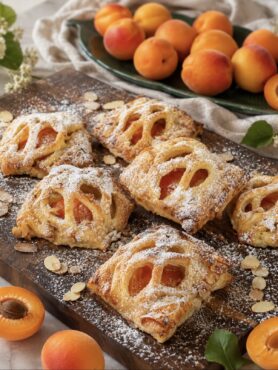 Apricot Mascarpone Puffs dusted with icing sugar and served on a wooden board.