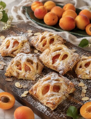 Apricot Mascarpone Puffs dusted with icing sugar and served on a wooden board.