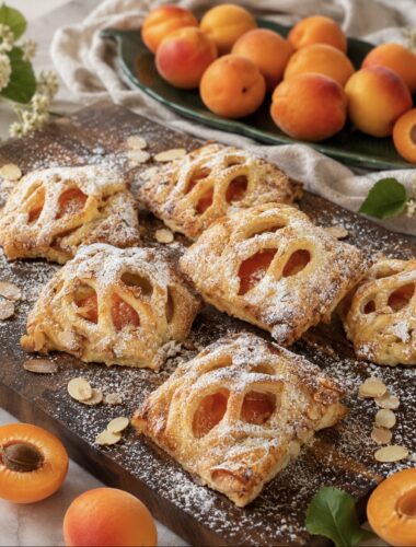 Apricot Mascarpone Puffs dusted with icing sugar and served on a wooden board.
