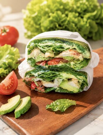 High-Protein Spinach Sandwich cut in half and served on a wooden board