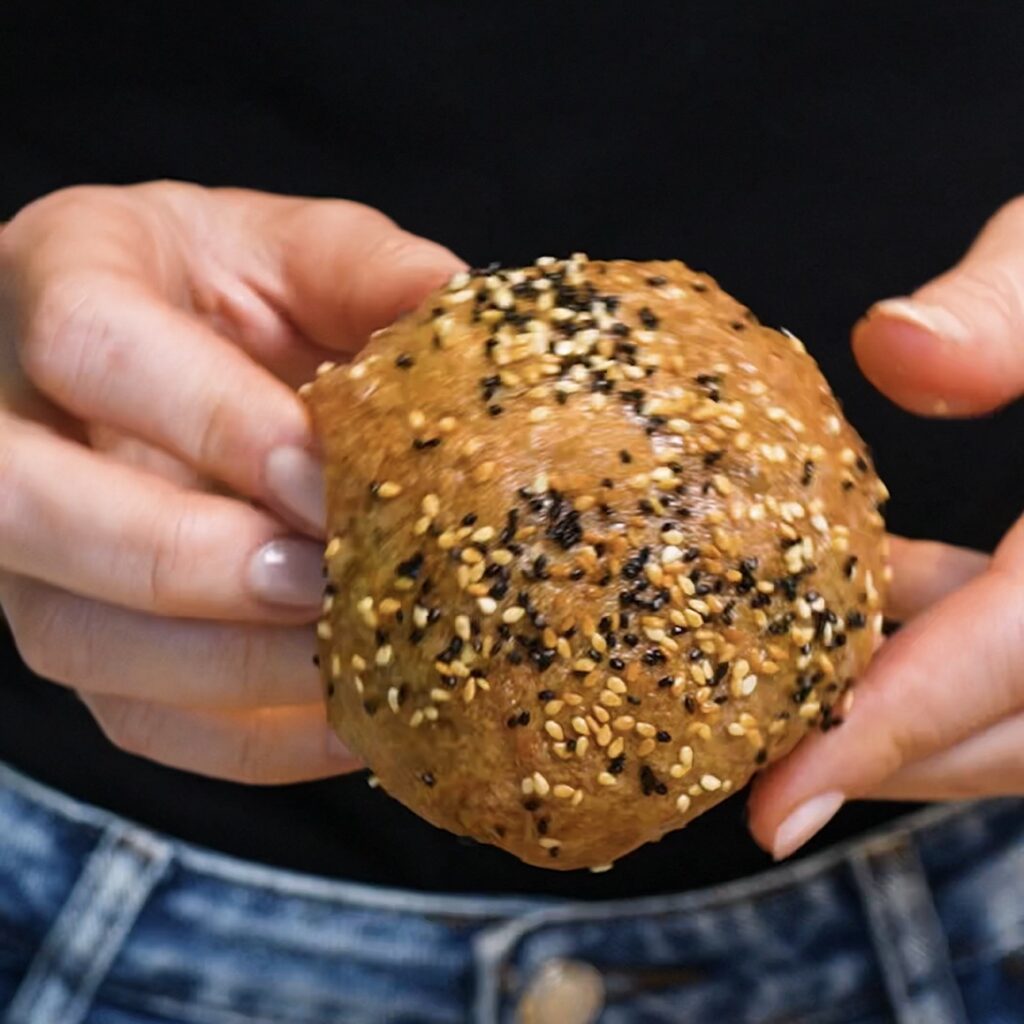 Hands holding a freshly cooked Spinach Feta Rice Paper Bomb.