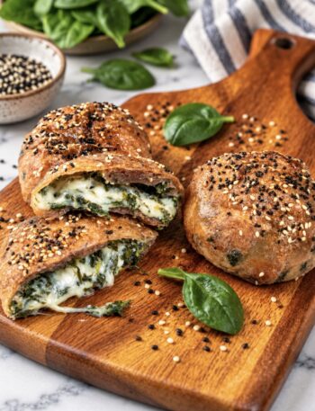 Spinach Feta Rice Paper Bombs served on a wooden board with one cut in half to show the spinach, feta and mozzarella filling.