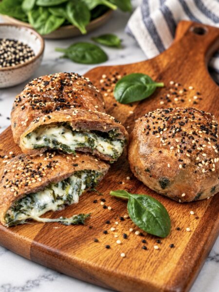 Spinach Feta Rice Paper Bombs served on a wooden board with one cut in half to show the spinach, feta and mozzarella filling.