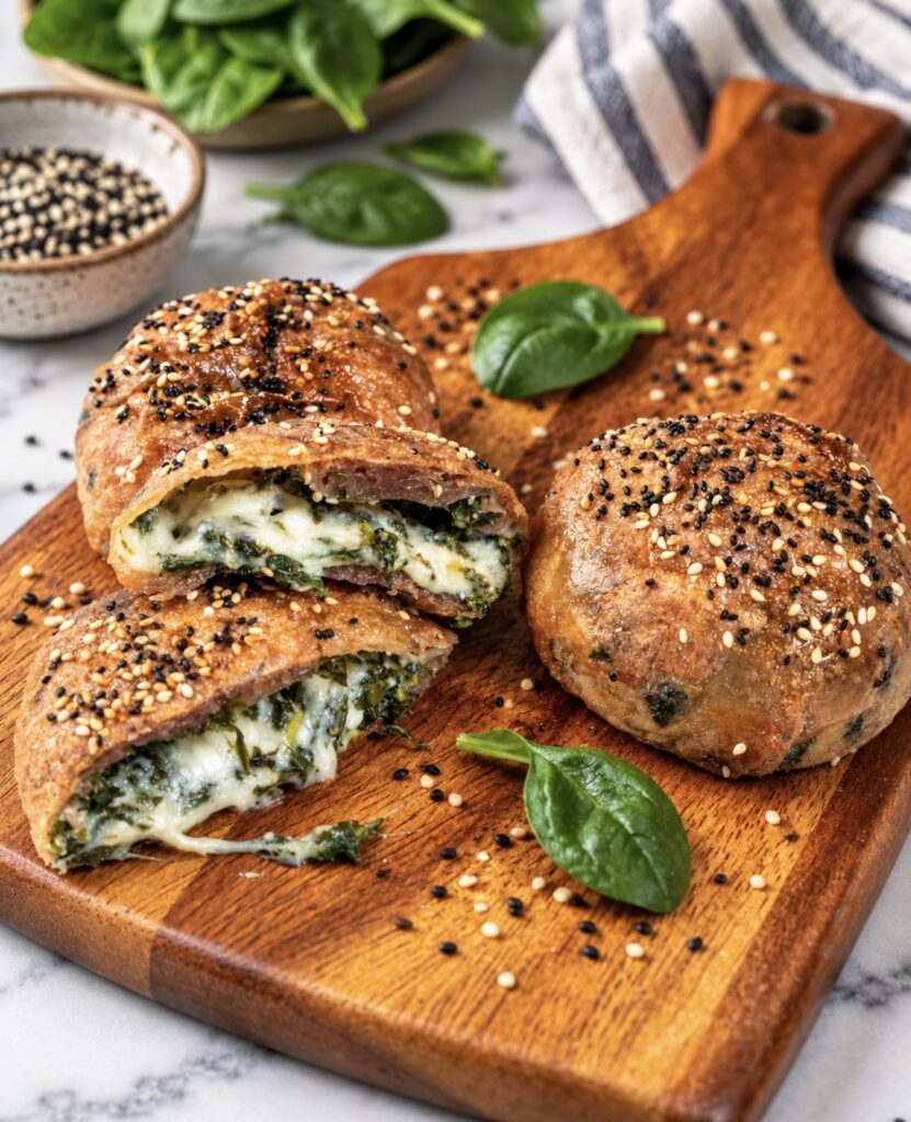 Spinach Feta Rice Paper Bombs served on a wooden board with one cut in half to show the spinach, feta and mozzarella filling.
