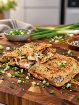 Crispy Rice Paper Toast served on a wooden board, with one toast broken open to reveal the melted cheese filling.