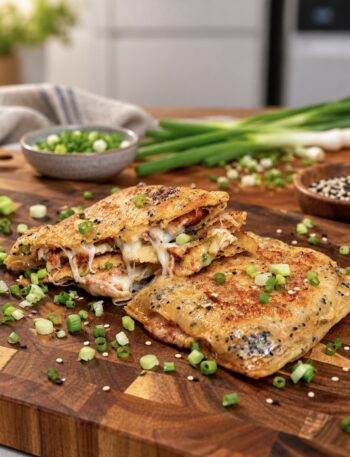 Crispy Rice Paper Toast served on a wooden board, with one toast broken open to reveal the melted cheese filling.