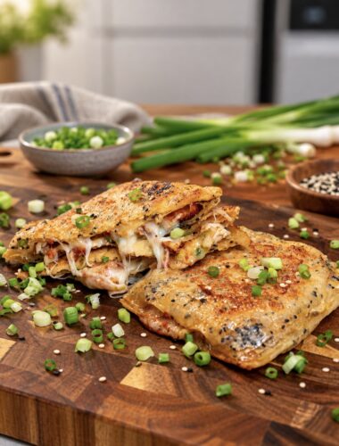 Crispy Rice Paper Toast served on a wooden board, with one toast broken open to reveal the melted cheese filling.