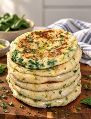 Six Spinach and Feta Flatbreads stacked on top of each other and served on a wooden board