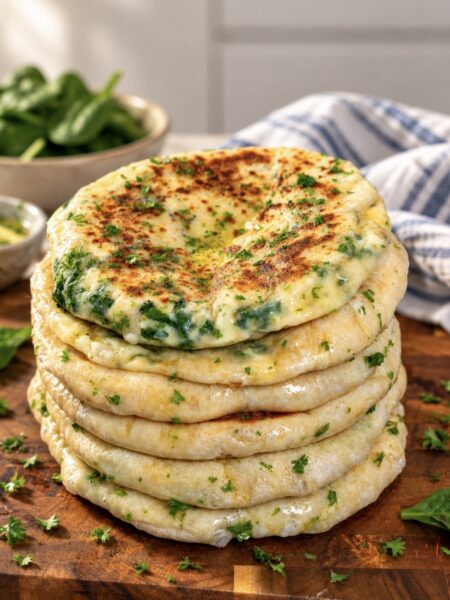 Six Spinach and Feta Flatbreads stacked on top of each other and served on a wooden board