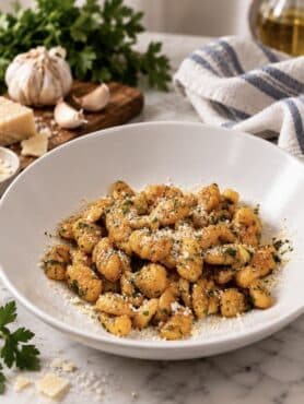 2-Ingredient Sweet Potato Gnocchi served on a plate with garlic butter, tarragon and Parmesan
