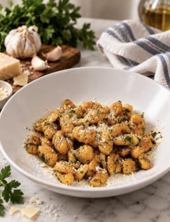 2-Ingredient Sweet Potato Gnocchi served on a plate with garlic butter, tarragon and Parmesan