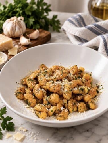 2-Ingredient Sweet Potato Gnocchi served on a plate with garlic butter, tarragon and Parmesan