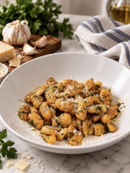 2-Ingredient Sweet Potato Gnocchi served on a plate with garlic butter, tarragon and Parmesan