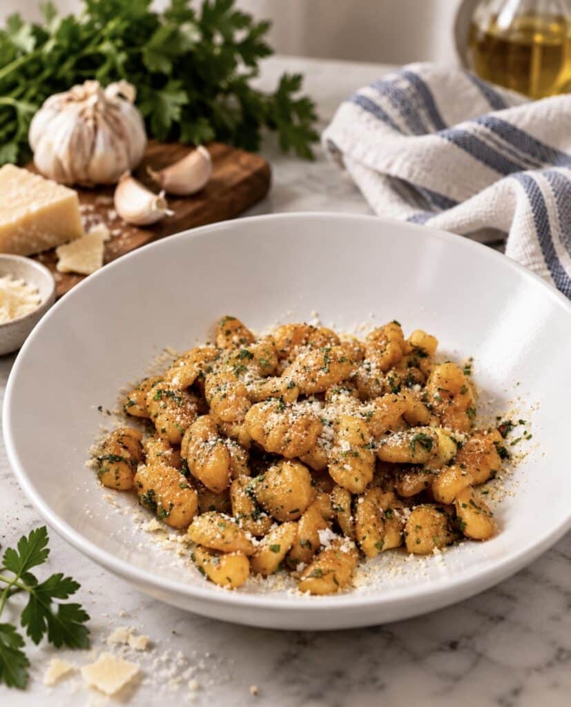 2-Ingredient Sweet Potato Gnocchi served on a plate with garlic butter, tarragon and Parmesan