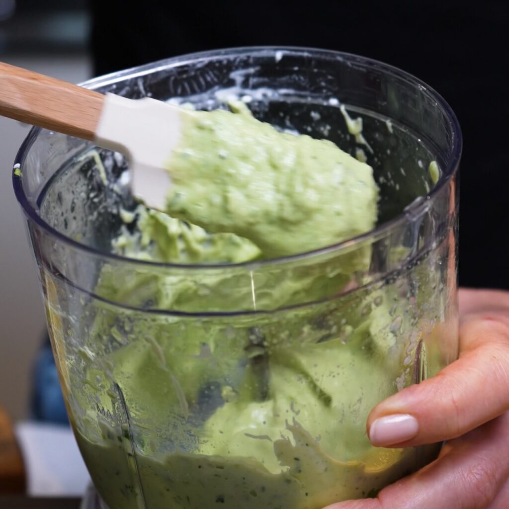 Smooth blended avocado and cottage cheese filling for rice paper tarts.