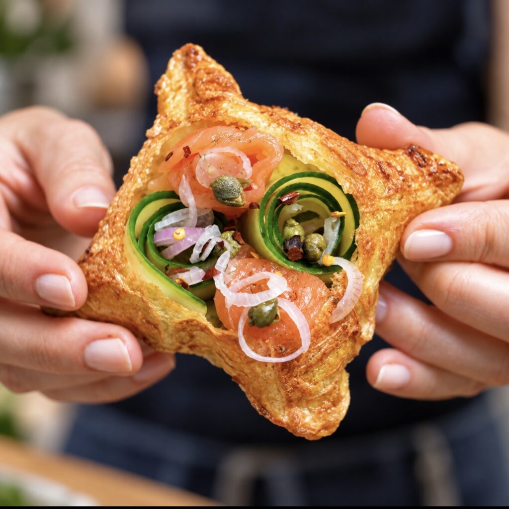 Hands holding a crispy rice paper tart filled with avocado, smoked salmon and cucumber.